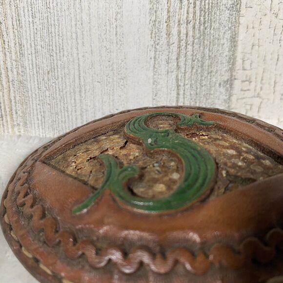 Vtg Leather Oval Belt Buckle S Hand Painted Stitched Wrapped Edge Boho Western - Picture 2 of 5